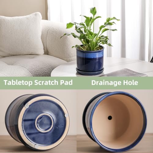 8 Inch Plant Pot: Ceramic Planter with Drainage Hole & Saucer for Indoor Outdoor Plants - Flowerpot with Bonded Tray for Home Office - Blue Reactive Glaze - Image 4