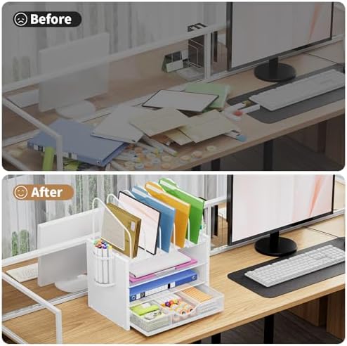 Marbrasse Desk Organizer with Drawer, 4-Tier Wooden File Organizer with 5 Vertical File Holders and 2 Pen Holders, Desk Organizers and Accessories for Home Office - White - Image 5