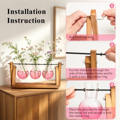 XXXFLOWER Plant Terrarium Kit with Wooden Stand 3 Gradient Pink Bulb Vases - Image 3