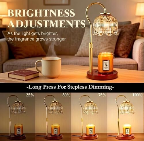 Dreamholder Electric Candle Warmer Lamp with Timer, Dimmable Candle Lamp with Adjustable Height, Glass Wax Melter for Jar Candles Wood Base Floral Home Decor Gifts for Women Mom, Walnut Wood - Image 4