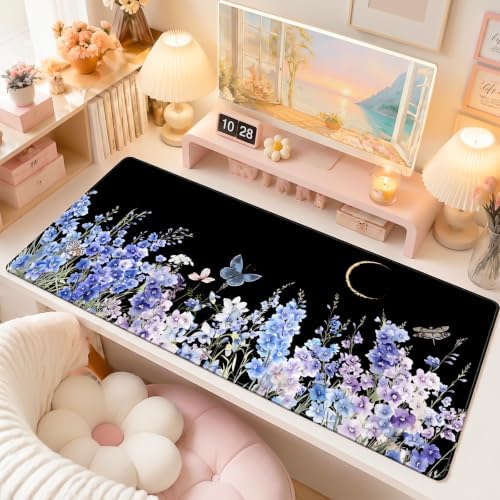 Black Desk Mat, Blue Violet Wildflower XXL Mouse Pad 35.4x15.7 in - Image 2