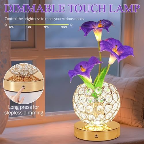 Flower Table Lamp, 3 Colors Touch Stepless Dimming Crystal Night Light, Rechargeable Artificial Morning Glory Light, LED Flower with Vase Lamp Romantic Decor for Date Party Home (Morning Glory-Purple) - Image 3