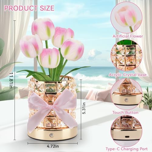 Tulip Flower Lamps, Rechargeable Cordless Small Desk Lamp, 3 Colors Dimmable Artificial Flowers Night Light, Fake Bouquet 5 Tulip with Crystal Vase for Home Date Party Decoration (Tulip-Pink) - Image 2