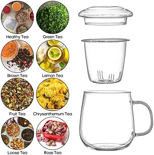 Tosnail 2 Pack 18 Ounce Large Glass Tea Cup with Lid and Tea Infuser Set, Tea Mugs with Strainer, Clear Teacups with Tea Filter, Glass Cups for Blooming Tea, Loose Tea Brewing - Image 3