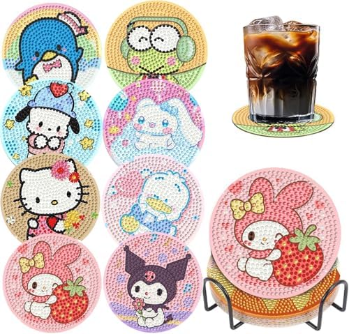 8Pcs Diamond Art Painting Coasters Beginners with Holder,DIY Cartoon Life Coaster Diamond Art Kits for Adults Kids, Small Mini Kit Round Full Drill Diamonds Art Craft Supplies 4X4 Inch by CraftyTime