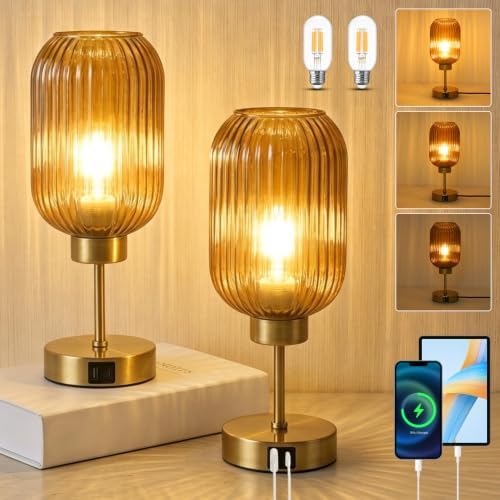 Vintage Gold Table Lamps Set of 2 Touch Control, Small Desk Lamp with Amber Glass Shade, Bulb, Charging Port, Mid Century Modern Bedside Lamp, 3 Way Dimmable Nightstand Lamp for Bedroom Living Room by LAMSU