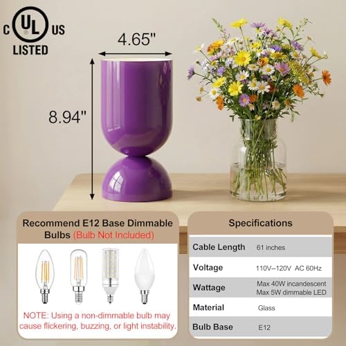 8.9" Dimmable Modern Glass Table Lamp with Dome Base, Glossy Purple - Image 2