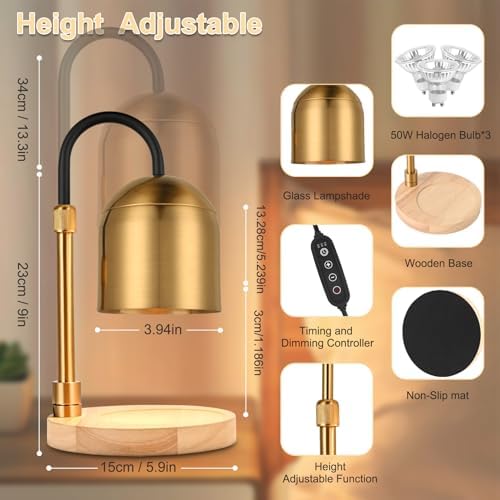 Candle Warmer Lamp with Timer & 3 Bulbs, Dimmable Electric CandleLight Adjustable Height and Brightness Candle Wax Warmer for Jar Candles Bedroom Home Decor House Warming Gift for Women (Round Gold) - Image 5