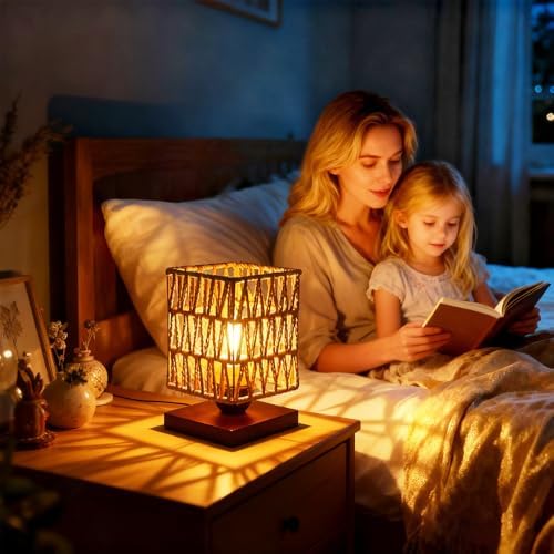Small Rattan Table Lamp,Boho Mini Bamboo Bedside Lamps for Bedroom,Handwoven Vintage Wicker Nightstand Lamp with LED Bulb,Woven Ambient Night Light for Living Room Office Entryway Home Decor - Image 6