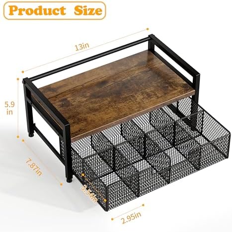 Tea Bag Organizer, Tea Bag Holder with Drawer, Wood and Metal Tea Organizers and Storage Chest for Countertop Kitchen, Office, Rustic Brown - Image 7