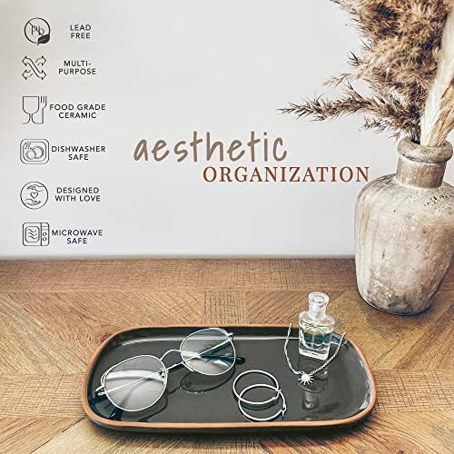 Mora Ceramic Decorative Tray - Rectangle 10in Dish for Jewelry, Soap Dispenser, Perfume, Makeup, Accessories, Candle, in the Bathroom Vanity, Bedside, or Kitchen Counter. Cute Organizers - Black - Image 3