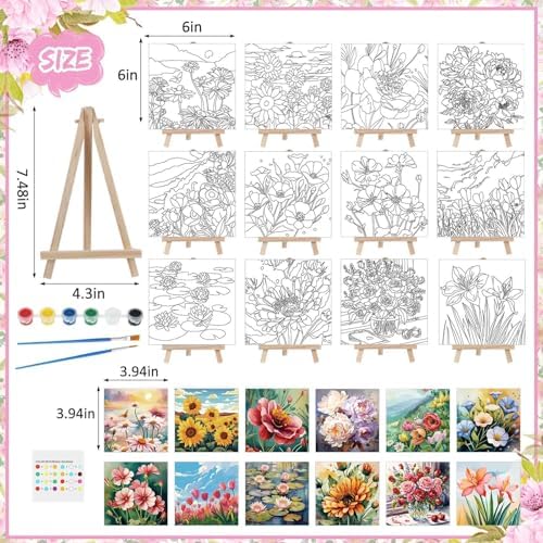 Tenceur 12 Sets Pre Drawn Canvas to Paint Adult Stretched Coloring Painting Canvas Panels with Design Easel and Brushes for Party Supplies Beginner Favor(Flower) - Image 2