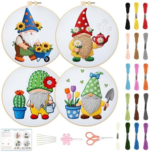 BEUNITONE 4 Set Gardener Gnome Embroidery Kit for Adult Beginners with Hoop by BEUNITONE