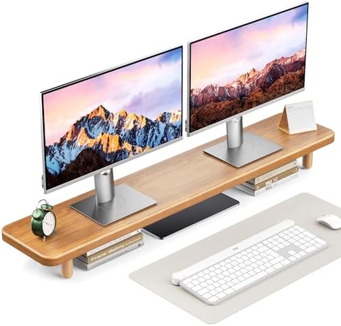 Dual Monitor Stand Riser, 39 Inch Extra Long Wooden Desktop Monitor Riser with Storage for 2 Monitors Ultra Strong Desk Shelf Organizer Riser Ergonomic for 2 Screens/Laptop/PC/TV/Printer (Light Walnut, 39inches) by NestNeatHome