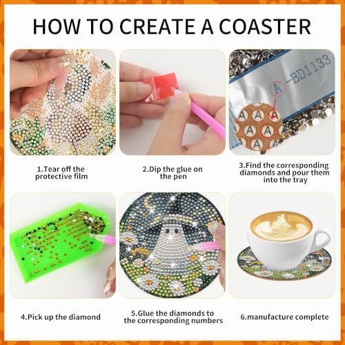 CRASHOT Halloween Floral Ghost Diamond Art Coasters Kit, 8 Pcs - Image 3