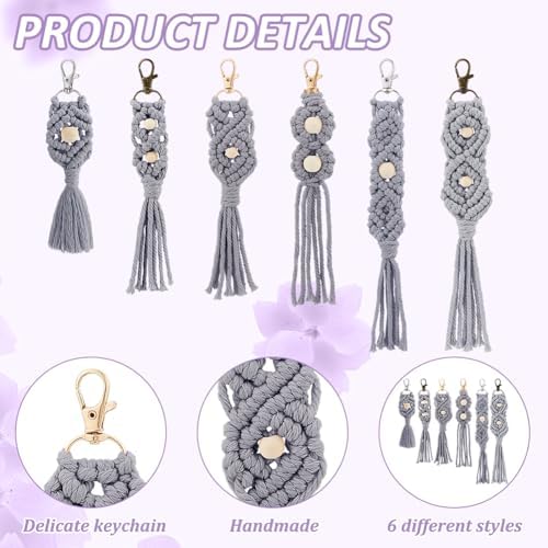 INFUNLY 6 PCS DIY Macrame Light Grey Keychain Kit Wood Beads Keychain Kit with Instructions and Video Tutorial Cotton Cord Key Chain Kit Boho Handmade Keychain Knotting Kit for Car Key Wallet Dector - Image 3