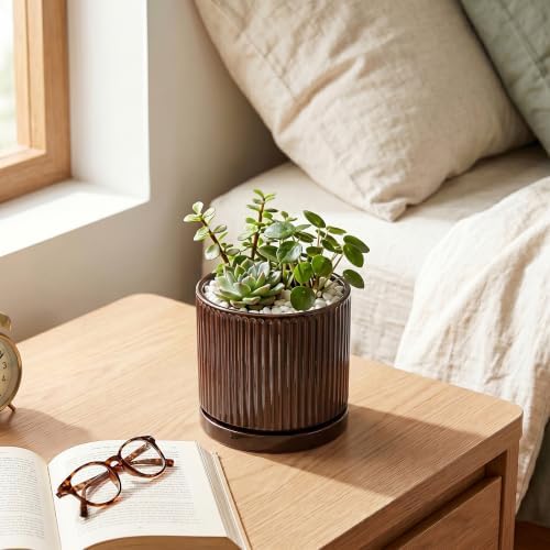 Succulent Pots 4 Inch, Ceramic Plant Pots, Round Planter, Brown - Image 6