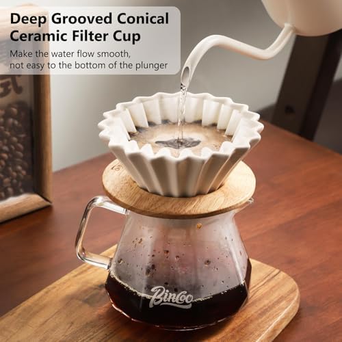 Bincoo 400ML Pour Over Coffee Maker Set with Filter Paper,Ceramic Coffee Dripper with Wood Stand Set for 1-2 Cups-Professional Brewing Tools for Pour Over & Drip for Home Office (Black) - Image 3