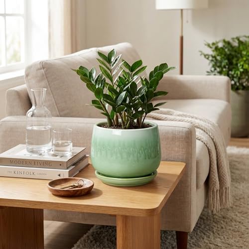 Ceramic Pots for Plants - 7 Inch Planters for Indoor Plants, Round Ceramic Plant Pot with Drainage Hole and Saucer, Decorative Planters, Rustic Home Decor, Plant Gifts for Women, Green - Image 3