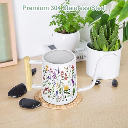 Watering Can Indoor Plants, 35 oz/1000 ml Metal Stainless Steel Watering Can Pot with Long Spout for Indoor House Plants Bonsai Outdoor Garden Flower Decorative White Flowers - Image 6