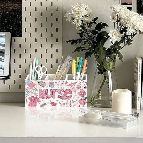 Pink Nurse Pen Holder, Nurses Appreciation Gifts Pencil Holder for Desk, Nurse Office Decor, Nursing Nurses Gifts for Women Wooden Box Sign Decorations for Office Desk Tabletop - Image 2
