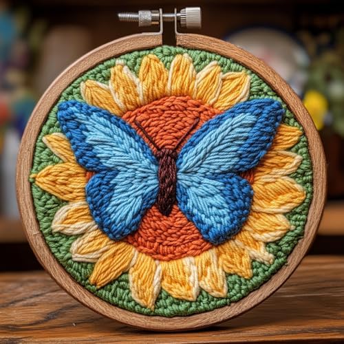 DIY Punch Needle Kits Butterfly on Sunflower with Hoop 20x20cm-1 by Unknown