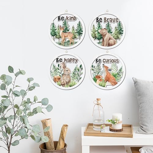 HPNIUB Woodland Nursery Wall Decor, Inspirational Girl Room Hanging Sign, 4 Pieces 10''x10'' Jungle Animals Wooden Decoration for Kids, Cartoon Fox Bear Art Sign for Teens Toddler Boy Baby Playroom - Image 5