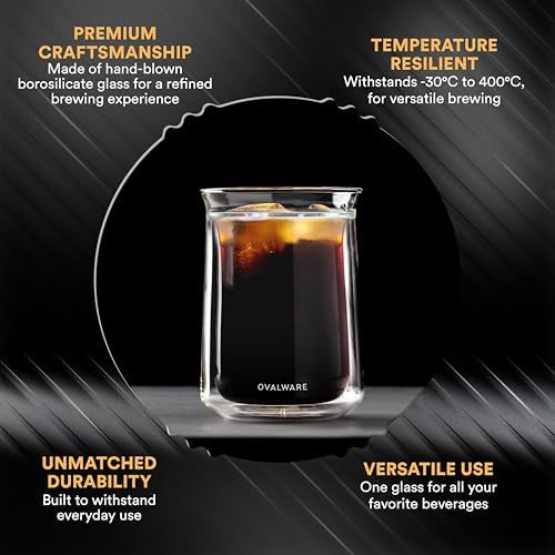 ovalware Double Wall Single Lip Insulated Glass Cup, Set of 2 (12oz / 350ml) - Borosilicate Glass For Coffee, Tea, Whiskey, Cocktails & All Beverages - Minimalistic & Durable Double-Wall Drinking Mug - Image 4