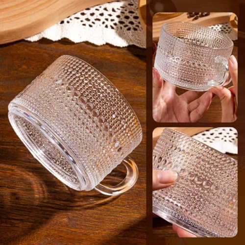 6 PACK Vintage Glass Coffee Mugs 14oz Clear Embossed Tea Cup Set with Bamboo Lids and Gold Spoons,Yogurt Bowl,kitchen gifts for women - Image 5
