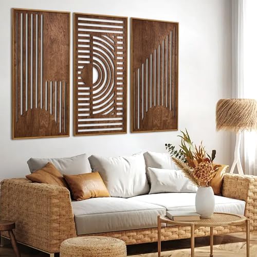 TOARTi Abstract Geometric Framed Wooden Wall Art Decor(16"x32"x3pcs), Large Vintage Mid Century Rectangle Wall Sculptures, Rustic Minimalist Geometry Artwork for Home Bedroom Living Room - Image 6