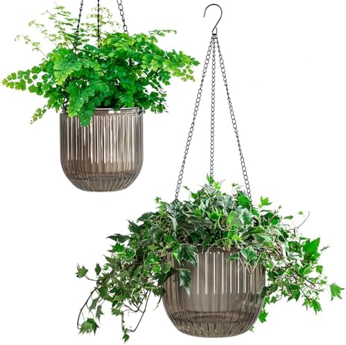 Melphoe 2 Pack Self Watering Hanging Planters Indoor Flower Pots, 5.3/8.3 Inch Outdoor Hanging Basket, Plant Hanger with 3Hooks Drainage Holes for Garden Home (Gray) by Melphoe