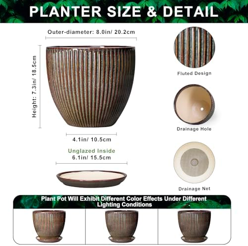 Ceramic Planter, 8 Inch Plant Pots for Indoor Plants, Round Planter with Drainage Hole and Saucer, Modern Decorative Flower Pots, House Office Decor, Gifts for Plant Lovers, Retro Brown - Image 2