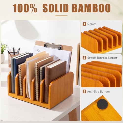 Lineshading Bamboo Letter Organizer, 5 Compartments Desk Mail Organizer, Desktop Envelope Holder and Letter Sorter, Countertop Paper File Holders with Anti Slip Mat for Home Office(Yellow) - Image 3