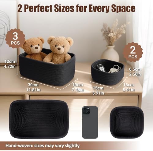 5-Pack Small Woven Rope Storage Baskets, 2 Sizes Organizer Bins - Image 2