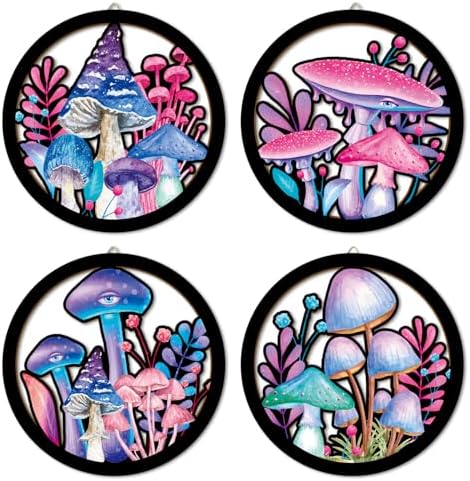 HPNIUB Abstract Whimsical Mushroom Cottage Wall Decor, Watercolor Moody Botanical Plant Moss Hanging Sign, 4 Pieces 10''x10'' Vintage Farmhouse Magical Mushroom Artwork for Bedroom Nursery Home Decor by HPNIUB