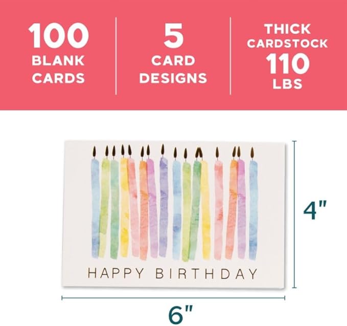 VNS Creations 100 Pack 4x6 Happy Birthday Cards Bulk with Envelopes & Stickers - Boxed, Blank Inside, Variety, Office Party - Assorted Birthday Greeting Note Cards Assortment Box for Kids & Adults