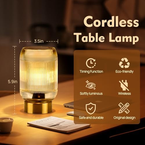 Small Battery Operated Lamp with Timer, Ribbed, Amber - Image 2