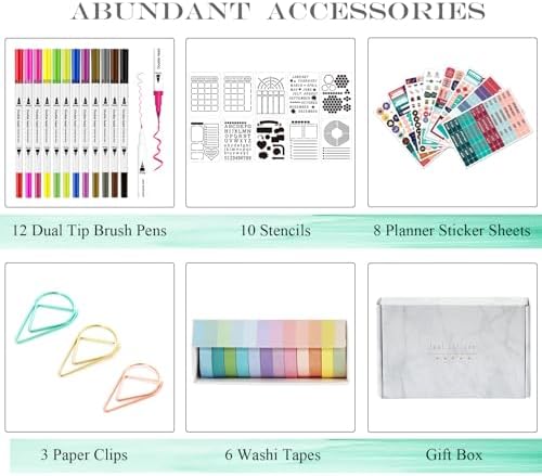 Y&I Bullet Dotted Journal Kit, A5 Hardcover Dotted Journal Notebook with 176 Pages, 120GSM Thick Paper, Stencils Stickers Pens Washi Tapes, Dotted Journaling Kit for Beginners (Mint) - Image 4