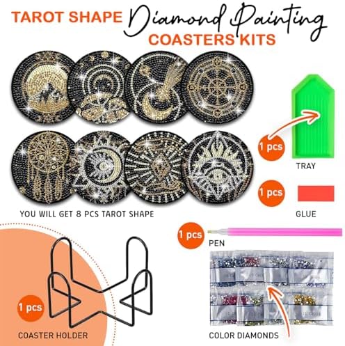 8 pcs Diamond Painting Coasters | Diamond Art Coasters | Tarot Diamond Art Painting | Perfect Art Craft Gift for Tarot Lover, Dad, Mom, Grandparents, Brother, Sister. - Image 3