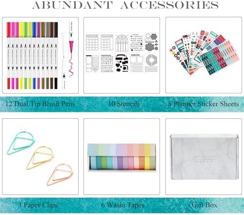 Y&I Bullet Dotted Journal Kit, A5 Hardcover Dotted Journal Notebook with 184 Numbered Pages, 120GSM Thick Paper, Stencils Stickers Pens Washi Tapes, Dotted Journaling Kit for Beginners (Teal) - Image 4