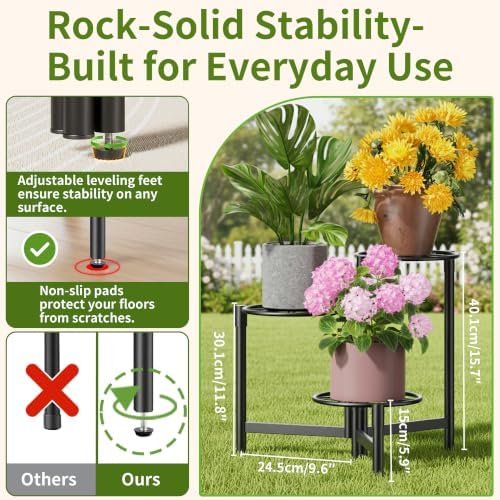Tiered Plant Stand Outdoor 3 Tier Indoor Metal Flower Shelf for Multiple Plants Corner Tall Flower Holders for Patio Garden Living Room Balcony Bedroom Black Diamond - Image 3
