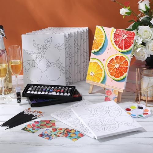 Engrowtic 12 Pcs 8 x 10'' Fruit Pre Drawn Canvas to Paint Pre Printed Sketched Canvas for Adult Ladies Paint Art Party Favor Board Set for Craft (Fruit Style) - Image 2