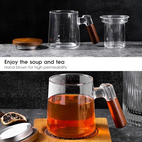 Glass Tea Cup with Infuser and Lid 18.6oz/550m, Tea Infuser Mug for Loose Leaf Tea, Heat Resistant Tea Mug with Wooden Handle Gift for Family - Image 3