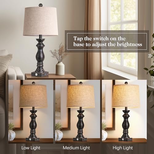 24.5" Table Lamp Set of 2, Rustic Farmhouse Bedside Lamps with USB A+C Charging Ports, 3-Way Dimmable Touch Control Nightstand Lamps for Living Room Bedroom, Antique Black, LED Bulbs Included - Image 3