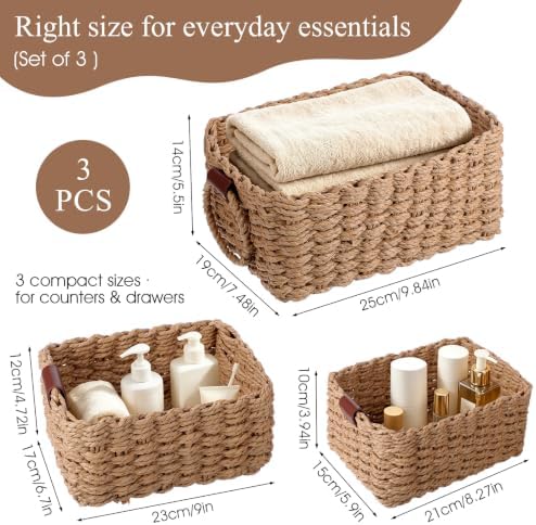 3 Pcs Woven Storage Basket, Multi Size Paper Rope Small Wicker Basket Storage Bins, Small Bathroom Baskets for Organizing Shelves, Cabinet, Pantry, Living Room, Wedding Bathroom - Brown - Image 2