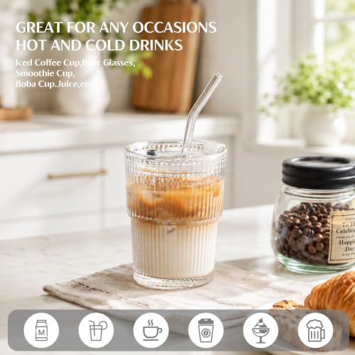INSETLAN 13oz Glass Tumbler with Lid and Straw 2 Pack - Ribbed Glass Cup Iced Coffee Glasses, Clear Leakproof Tumbler Cup for Smoothies, Iced Latte,Matcha, Cold Drinks - Image 4