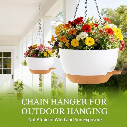 12 Inch Hanging Baskets 2 PC with Chains, Self-Watering Hanging Planters for Indoor Outdoor Plants, Plastic Hanging Flower Pots,White Brown - Image 5