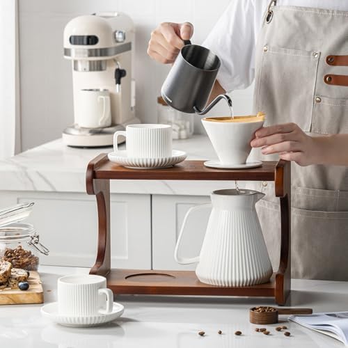 Pour Over Coffee Maker Set, 22OZ Ceramic Pour Over Coffee Dripper with Acacia Wood Stand and 5OZ Cups and Saucers Set of 2, Size 02 - Image 5