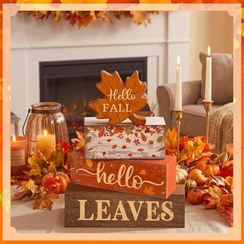 Moucuny 4 Pcs Fall Table Decorations for Home, Maple Leaf Wooden Sign Set - Image 5