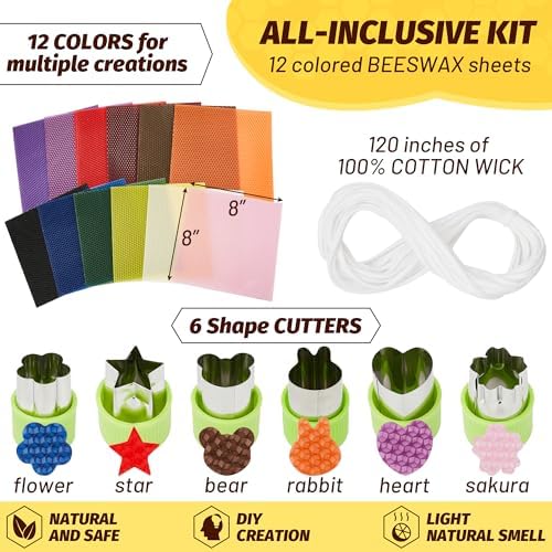 HASSLICKIT Beeswax Candle Making Kit for Beginners, 12 Beeswax Sheets for Candle Making Rolling DIY Kits (12 Colors, 8 x 8 inch) - Image 2